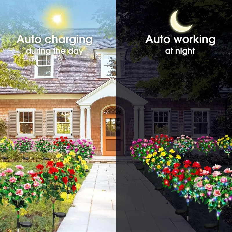 Outdoor Yard Power Stake - Solar‑Powered Rhododendron Flower Lights, LED Waterproof