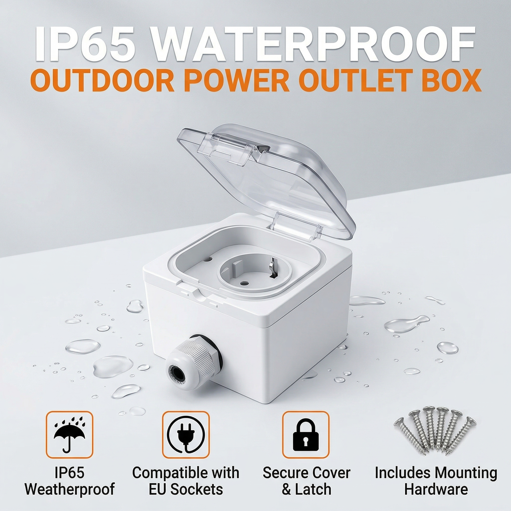 Outdoor Power Box - IP65 Waterproof Surface-Mount Socket Box, Universal