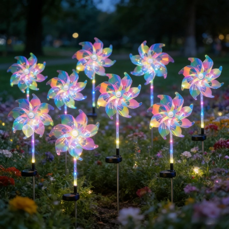 Outdoor Yard Power Stake - 2pc New Solar Powered LED Pinwheel