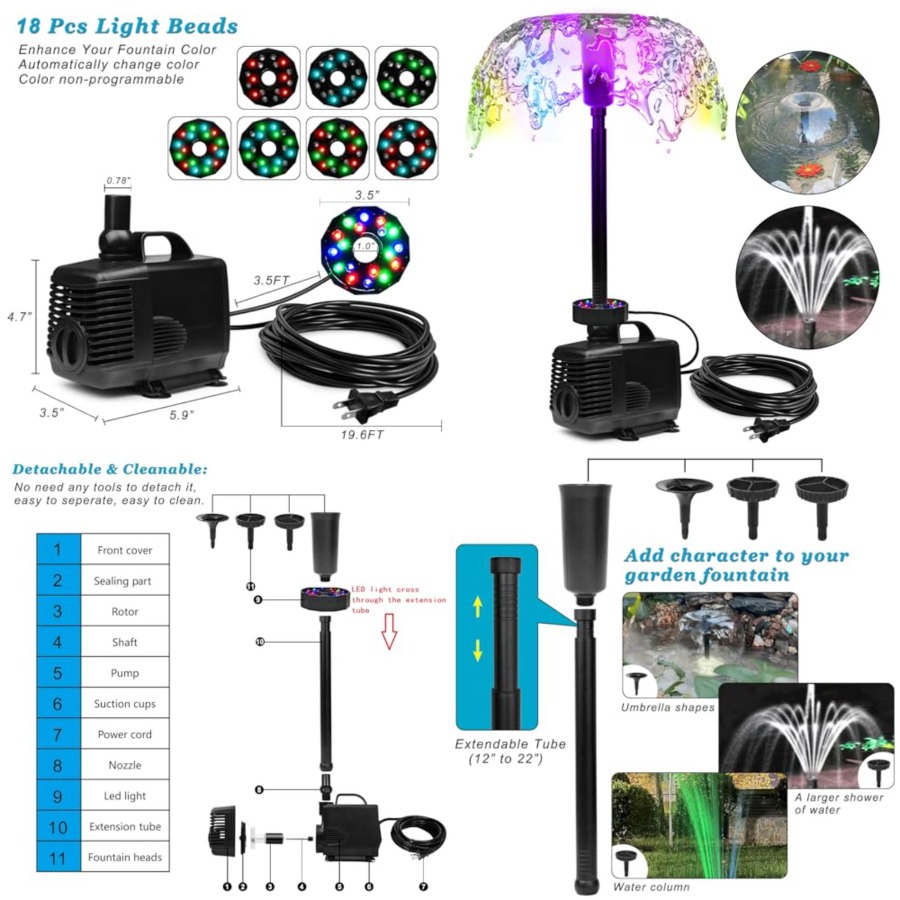 45W 792 GPH LED Pond Pump with - Water Pump Submersible ulasan dan harga