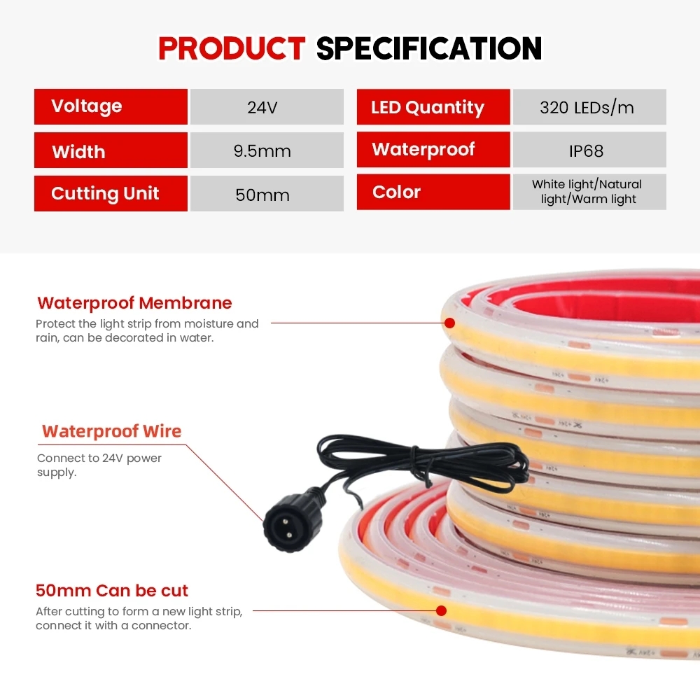 24V COB Strip IP68 Waterproof  - Outdoor Power Strip ulasan dan harga